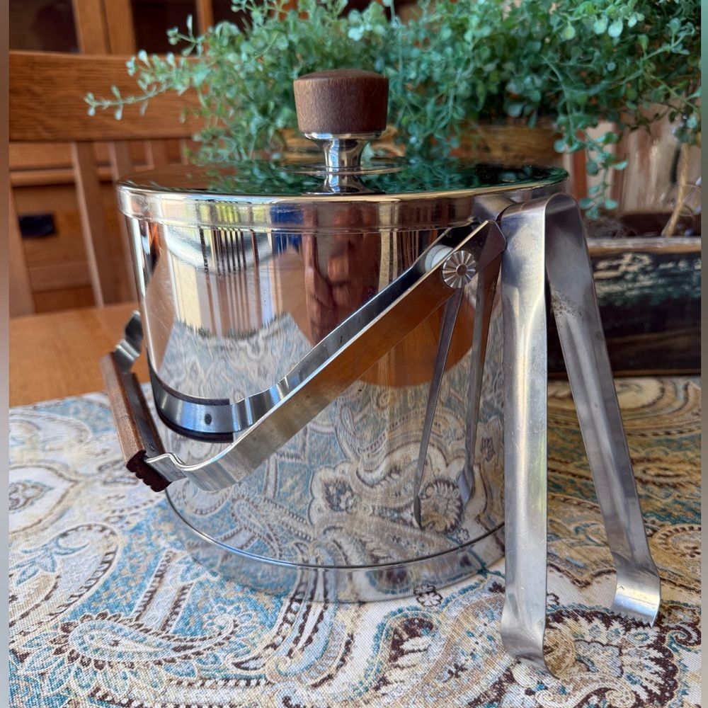 Stainless Steel Ice Bucket With Wooden Handle & Tongs Mid Century Modern Vintage